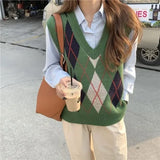 Style Argyle Sweater V-Neck Loose Sleeveless Pullovers Knitted Vest Green Sweater Autumn Korean Style Vintage