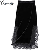 Vintage Black Long Skirt Aesthetic Elegant Lace Patchwork Velvet Skirt Gothic Sexy Side Split Hight Wait Slit Party