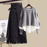 Women Winter Patchwork Long Sleeve Knitted Tops + Asymmetric Skirt 2 Piece Suit Female Party Elegant Two Piece