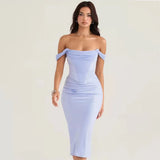 Fashion Off-shoulder Strapless Satin Midi Dress For Women Robe Elegant Sleeveless Backless Bodycon Night Party