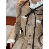 Vintage Sweet A Line Mini Dress Women Preppy Bow Ruffles One Piece Dresses Korean Elegant Single Breasted Slim