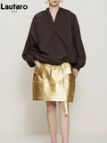 Summer Autumn Gold Shiny Faux Leather Skirt Women with Sashes A Line Korean Style Clothes Streetwear 2023 Runway