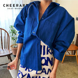 Klein Blue Oversized Shirt For Women Fall Korean Fashion Long Sleeve Top Button Up Shirt Blouse White Loose