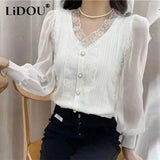 Summer Lace Patchwork Buttons Elegant Fashion Pullover Blouse Femme Oversized Long Perspective Sleeve All-match Shirt