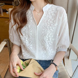 Women's Shirts Solid Blouses for Women Embroidered Shirt Blouse Women White Hollow Out Half Sleeve Tops Female 2023 Woman