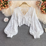 Lace Hollow Out Blouse Women Summer V-Neck Puff Sleeve Backless Tops Casual Korean Slim Lace Up Solid White Crop