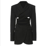 2022 Autumn New Arrivals Turn Down Collar Back Hollow Out Drawstring Long Slim Blazer Women Black Coat