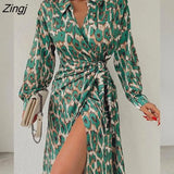 Elegant Fashion Leopard Print Dress for Women Summer Dresses 2022 New Lace-up Full Sleeve Casual Slit Lace-up Midi