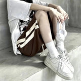 Striped Joggers Shorts Women Streetwear Wide Leg Sports Shorts Bf Hip Hop Baggy Casual Drawstring Straight Short