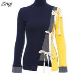 Fashion Women's Sweater Patchwork Turtleneck Bow Striped Versatile Long Sleeve Knitted Pullover Autumn 2023 New