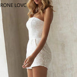 Women Solid Strapless Cape Bow Backless Sequins Sexy White Party Rompers&Dress