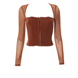 Cyber Y2K Streetwear Patchwork Front Hook Closures Corset Tops 90s Fashion Sexy Square Collar Long Sleeve Mesh