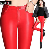 waist leather pants women PU leggings Red clothes 2022 winter warm slim skinny casual pencil pants female