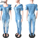 Women Buttons Sexy Denim Jumpsuit Hole Long Rompers Pocket Bodycon Summer Jeans Overalls Casual Fashion Party Club