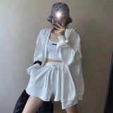 3Pieces Sets Sexy Camisole Elastic Wide Leg Shorts Hooded Lantern Long Sleeve Hoodies Coat Zipper Sweatshirts Women