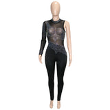 Sexy Black Crystal Diamond Skinny Long Pant Jumpsuit Women One Sleeve See Through Romper Clubwear Fitness