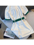 Polo Neck Dresses Women Summer Fashion Elegant Color Contrast Short Sleeve Mini A-line Dress Korean Office Lady