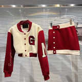 2022 Spring Embroidery Letter Slim Baseball Jacket Single Breasted Buttons Short Skirt Two Piece Matching Set