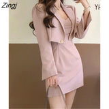Winter Pink Two Piece Dress Set Women Short Blazer Coat+Strap Dress Set Female Casual Korean Fashion Slim Elegant Dress
