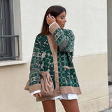 Vintage Geometry V-Neck Green Cardigan Women 2021 Single Breasted Long Sleeve Winter Knitted Sweaters Chic