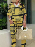 Summer Women Loose Sets Retro Short Sleeve O Neck Pullover Top and Pocket Solid Trousers Suit Ladies Casual Print 2