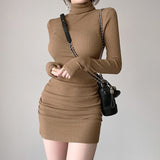 Ribbed Knit Turtleneck Long Sleeve Winter Runched Dresses For Women 2022 Autumn Bodycon Lady Short Black Sheath Mini