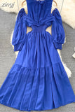 Vintage Women Hollow Out Long Dress Elegant Ruffle O-Neck High Waist A-Line Big Swing Party Vestidos Female New