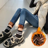 Warm Slim Fit Pencil Pants Women Thicken Fleece Skinny Jeans Pants For Women leisure High Waist Elastic Denim