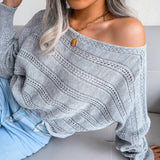 Explosion Autumn And Winter Word Collared Shoulder Hollow Knitted Casual Knitted Sweater Women's