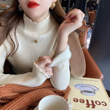 Solid Sweater Women Plus Velvet Knitted Pullovers Korean Fleece Thick Half High Collar Knitwear Basic Elastic Slim