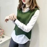 and Autumn Solid Color V-neck Short Wave Edge Edge Sleeveless Knitted Bottoming Sweater Vest Pullover and White
