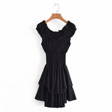 Queens Women Solid Sleeveless Beach Irregular Ruffles Bohemian Mini Dress Ladies Slash Neck Boho Sundress