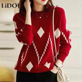 Winter O Neck Diamond Patchwork Loose Casual Sweater Ladies All-match Pullover Top Women Elegant Fashion Simple
