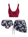 Butterfly Flower Print Cinched Padded Three Piece Tankini Women Swimsuit High Waisted Bathing Suits Beach Wear