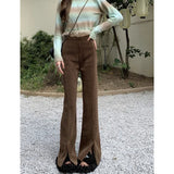 Winter Purple Corduroy Chic Front Split Flare Pants Full Length High Waist Elegant Women Trousers Korean Streetwear