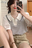 Two Piece Patchwork Korean Knitted Tshirts Puff Sleeve Women Turn-down Collar Ice Silk Tees Loose Striped Y2k