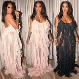 Sexy Mesh Beach Maxi Dresses Women Spaghetti Strap Ruffle Robe Swimwear Summer New Fashion Backless Swimsuit Cover