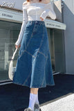 Women Denim Trumpet Skirt Streetwear Casual Irregular Patchwork A Line High Waist Ladies Mermaid Jean plaid Skirt