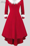 Women Christmas Dress Elegant Puff Long Sleeve Faux Fur Collar Midi Party Costume Xmas New Year Festival