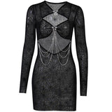 2 pcs Halloween Gothic Black Bodycon Sexy Mini Party Dress Slim Fit Net Print Hollow Out Long Sleeve Bandage Y2K
