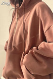 Fleece Autumn Solid Sudaderas Casual Sweatshirts American Pullovers Women High Street Long Sleeve Hooded Half