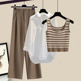 Women Pants Sets Summer Casual Striped Knitted Vest+long Sleeve Sunscreen+wide Leg Long Pant 3 Pieces Set Women Outfits