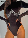 Diamond Tassel Turntable Bodysuit Women Winter New Long Sleeve Body Tops Femme Sexy Club Party