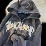 Horn Little Devil Letter Embroidered Zipper Hoodies Women Y2K Street Retro Trend Cardigan Couple Fashion