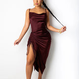 Satin Elegant Drawstring Midi Dress Women Sexy Strap High Split Skinny Dresses Summer Green Solid Backless