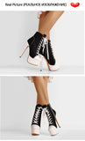Onlymaker Women's Canvas Platform Lace Up Ankle Boots16cm High Heel Side Zipper Plus Size Fashion Sexy Stiletto