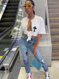 Letter Embroidery Sexy Y2K T-Shirts Womem Summer Short Sleeve O-Neck Cut Out Bandage Tops Female Cardigan