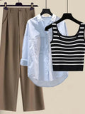 Women Pants Sets Summer Casual Striped Knitted Vest+long Sleeve Sunscreen+wide Leg Long Pant 3 Pieces Set Women Outfits