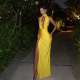 Zingj Summer Women's Sexy V Neck Hanging Back Dress Temperament Slit Dress