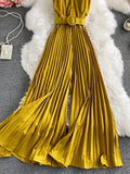 Women's Romper Spring Autumn 2023 Turn-Down Collar Sleeveless Vintage Playsuits Female Off Shoulder Pleated Jumpsuit New